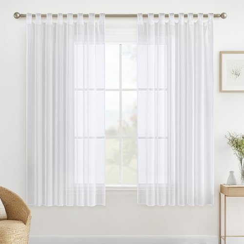 MIULEE Gardinen Schlaufenschal 2er Set Vorhänge Transparente Schlaufen Gardine Weiss aus Voile Vorhang Transparent Wohnzimmer Luftig Dekoschal für Schlafzimmer 160 x 140 cm (H x B), Tab Top Weiß