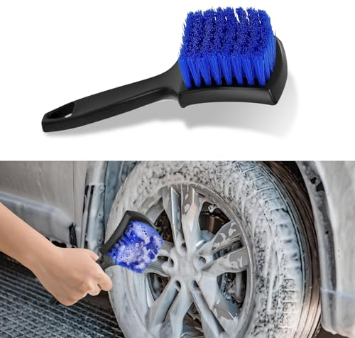 deemars Radbürste für Felgen, Autowaschbürste mit weichen Borsten, Reinigt Reifen und entfernt Schmutz und Ablagerungen, Autozubehör Kurzer Stiel Reifenreiniger für die Autodetailpflege (Blau)
