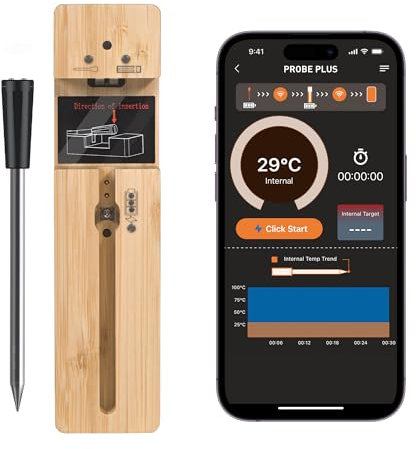 lfcforldx Termometro Intelligente Wireless Bluetooth | Lunga Portata | Per BBQ, Forno, Griglia, Cucina, Affumicatore, Girarrosto | Misura Temp. Interna e Esterna