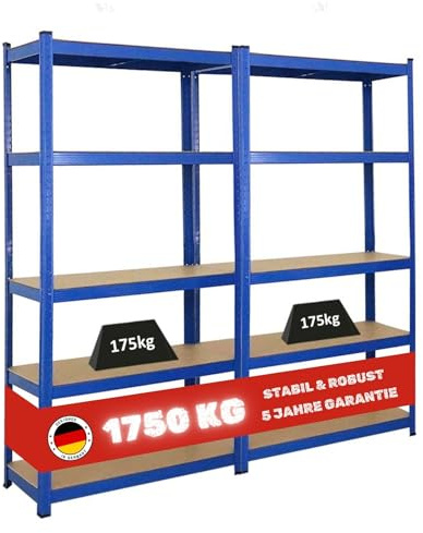 PROREGAL Mega Deal 2X Etagère Robuste Gorilla | HxLxP 180x90x40cm | Capacité de Charge 175kg | Bleu | Étagère de Garage, étagère de Rangement, Stockage, rayonnage