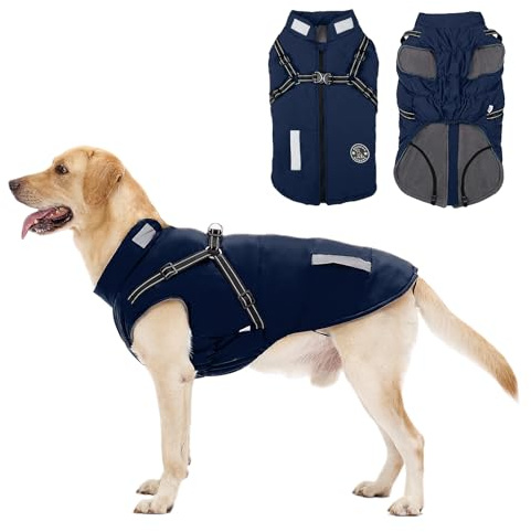 Abrigo Invierno Perro, Abrigo Impermeable para Perros Resistente al Viento, Chaqueta para Perros con Tiras Reflectantes Seguras & Arnés Ajustable para Perros pequeñas, Medianas y Grandes
