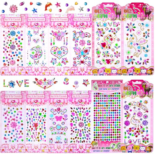 DONQL 12 fogli di pietre glitterate autoadesive, in acrilico colorato, per fai da te, diverse forme per tessuti, ragazze, unghie