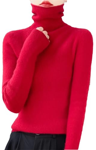 Maglione da donna a collo alto 100% lana merino a maniche lunghe, rosso, M