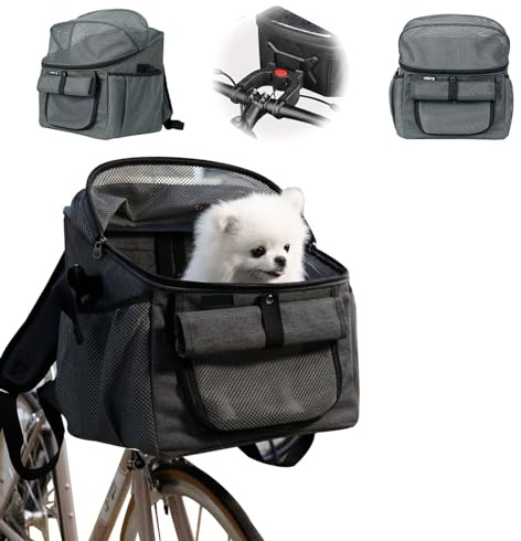 mumisuto Cestino per Bicicletta Animale Domestico, Zaino Trasportino Gatto Cane, Cestino per Bici per Cani con Adattatore per Manubrio, Pieghevole Staccabile per Cani Gatti Bici Cestino (grigio)