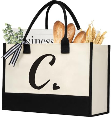 HorHer Initial Canvas Tote Bag, Personalized Beach Jute Bag Present for Women Holiday, Friends Birthday Gift, Beach, Wedding (Letter C)