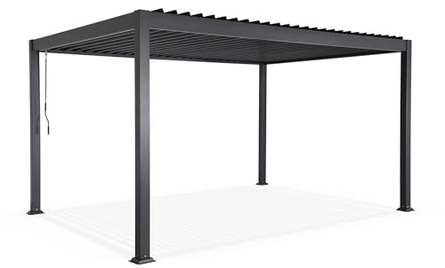 AirDay - Pergola bioclimatique 3 x 4 m - Tonnelle autoportante de Jardin avec Lames orientables Pleine Largeur, Structure Aluminium Anthracite, abri terrasse Design, évacuation Eau par poteaux (4x3m)