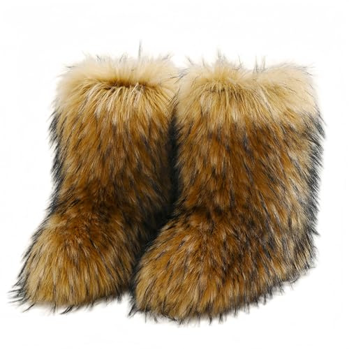 FQLGJMY Furry Faux Fur Botas de nieve de invierno fuzzy zapatos peludos de las mujeres gamuza caliente medio ternera cómodas botas de moda planas al aire libre