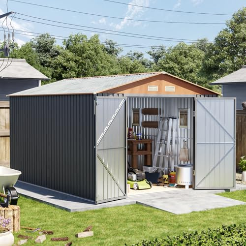 10x12x7.4FT Outdoor Storage Shed with Lockable Large Doors, Matte Gray | Outdoor Multi-Used Shed with Windows Sloped Roof, Large Tool Shed for Garden Backyard Patio,Various Storage Shed