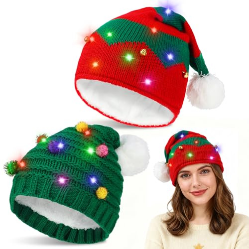 Beipegin 2 Piezas Gorro Navidad LED Santa Claus Beanie Sombrero con Luz Gorro de Punto Caliente Gorros Navideños Navidad Accesorios Fiesta para Adulto