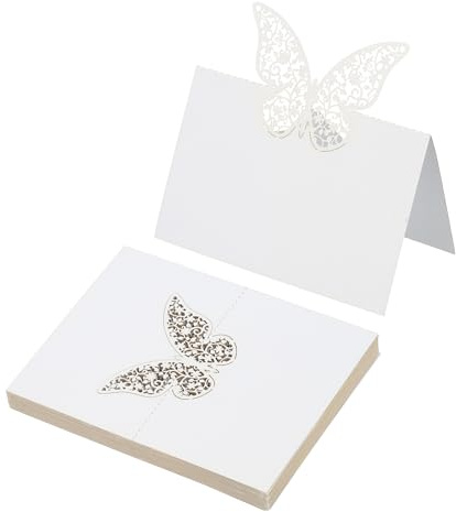 PATIKIL 50 Piezas De Tarjetas De Lugar Para Bodas, Tarjetas De Nombre Tipo Tienda De Campana Cortadas Con laser Con Diseño De Mariposa Para Mesa En Ajuste De Boda Buffet Recepción, Blanco