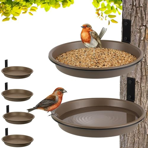 FAHAWEL Tree Mounted Bird Feeder for Fence Outside 6 Pack, 8.4 Plastic Wild Bird Bath Tray with Metal Holder for Wood Post, Heavy Duty Wall Mount Squirrel Platform Water Feeder Station Outdoor Yard