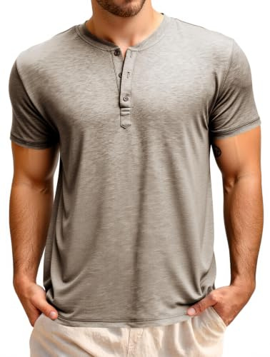 Runcati Maglietta da uomo a maniche corte Henley, estiva, vestibilità regolare, girocollo, tinta unita, basic, casual, con abbottonatura