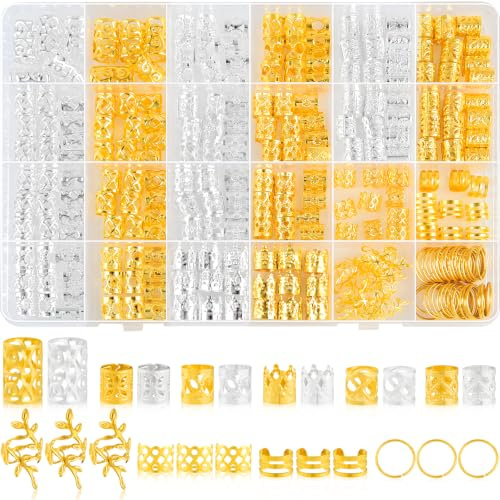 NEBURORA 260 Pcs Gold Hair Jewelry for Braids 14 Styles Loc Jewelry for Hair Dreadlock Metal Gold and Silver Braids Rings Cuffs Clips Loc Charms for Women