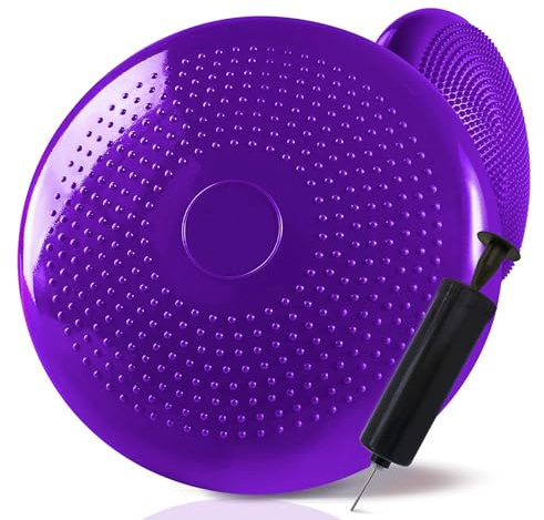 OcioDual Cojin Equilibrio Violeta, Wobble Cushion, Cojin de Equilibrio, Cojín Oscilante para entrenamiento de Core, Propiocepción, Agilidad, Superficie PVC con Inflador Manual