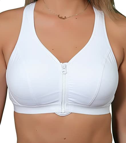 Gemm Womens Plus Size Medium High Impact Non Wired Zip Front Active Sports Bra White, 34E