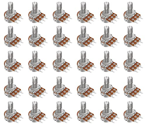 Taiss 30pcs 100K Potentiometer Variable Resistors 3 Terminals Linear Taper Rotary Audio B Type Potentiometer, Volume Control Potentiometer Shaft Length 15mm WH148 100K Ohm Potentiometer