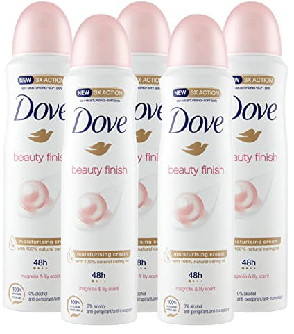 5x deodorante spray Dove Beauty Finish 48h Magnolia & Ninfea 0% Alcol Antitraspirante - 5 Deodoranti da 150ml ognuno