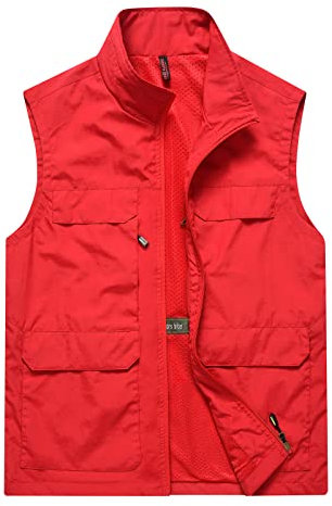 Yishengwan Herren Sommer Outdoor Weste Atmungsaktiv Anglerweste Wasserdicht Funktionsweste mit Multi-Taschen für Jagd Angeln Camping Fotografie Safari Rot L