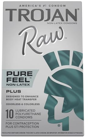 Trojan Raw Non-Latex Lubricated Thin Condoms for Men, America’s Thinnest Latex-Free Condoms, Pure Feel Technology, Made from Polyurethane, Helps Reduce Risk of Pregnancy and STIs, 10 Count