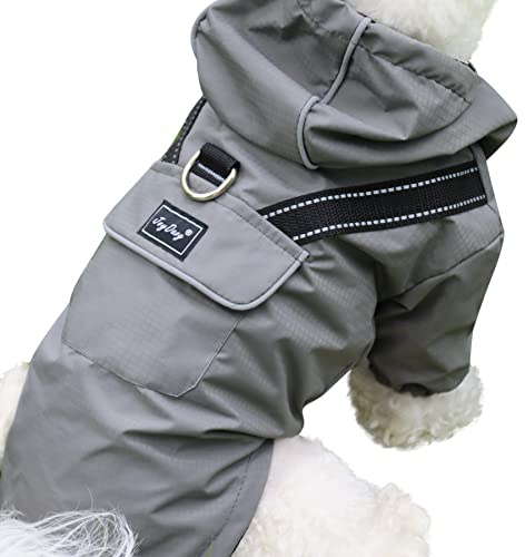JoyDaog Impermeabile per cani di piccola taglia con cappuccio per cani di piccola taglia, impermeabile per sport all'aria aperta, impermeabile per cuccioli con tasche, grigio S
