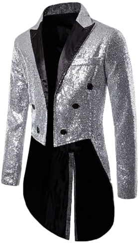 Steampunk Herren Pailletten Jacke- Gothic Frack Herren Mantel Glitzer -Punk Gehrock Herren Mittelalter Mäntel Smoking für Männer Halloween Kostüm Karneval Party Mottoparty Nightclub