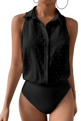 MakeMeChic Women's Dressy Bodysuit Shirt Collared Swiss Dots Sleeveless Button Down Tank Tops Black Medium
