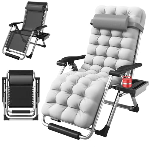 HEMUYT Sonnenliege Liegestuhl Klappbar, Belastbar Klappbar Liegestuhl Gartenliege,Verstellbare Rückenlehne Gartenliege Inkl, Nackenkissen und Getränkehalter, Leicht zu Verstauen, Belastbar 200kg,Grau