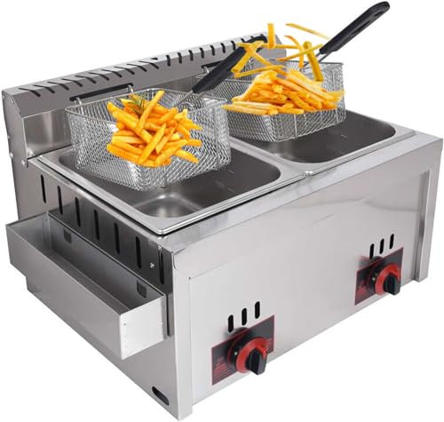 Stainless Steel LPG Gas Fryer - Commercial And Home Use - Large Capacity 20L - Adjustable Firepower - Includes Baskets And Lids - Easy To Clean - Ideal for Chips, Donuts, Fish