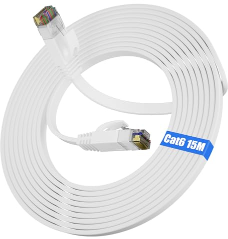 Cat 6 Ethernet-kabel 15m, lång internetkabel höghastighetskabel 15 meter platt LAN-kabel Gigabit nätverkskabel RJ45 Wifi-kabel vit ultra tunn patchkabel för modem router