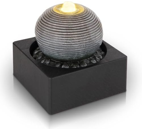 bmf-Versand® Tischbrunnen Grau Kugel mit Beleuchtung - Zimmerbrunnen mit LED Leuchtfunktion & Wasserprudel - Tischbrunnen mit Pumpe für Wohnzimmer & Schlafzimmer - mit beruhigendem Wasserspiel