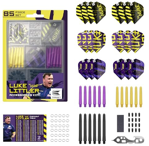 Target Darts Luke Littler Dart Accessories Set | The Nuke 85 Piece Darts Kit, Including Dart Flights & Protectors, Shafts, Flight Protector, Multi Tool, Steel Tip Dart Point Sharpener & Score Card