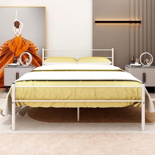 BOFENG King Size Bed Frame with Headboard,5ft Metal King Bed Frame,Iron Platform Bed/Suit for 150x200cm Mattress/Underbed Storage/Easy Assembly/White