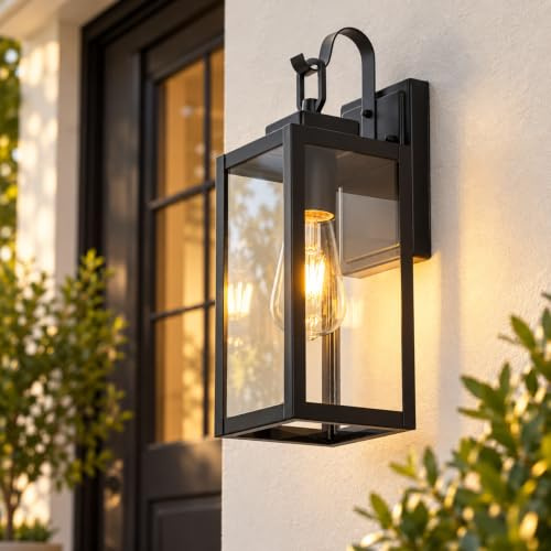 FTL Outdoor Wall Lights Fixture, Matte Black Exterior Wall Lantern, E27 | Modern Front Porch Lighting, Garden Wall Scone with Clear Glass, Outside Wall Lamps for Patio, House, Garage, IP44 Waterproof