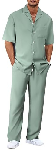 Oanviso Ensemble Homme Ete Chic Chemise et Pantalon D'été Costume 2 Pieces Décontracté Tenue Elegant Survêtement Jogging Sportswear Respirant Plage Outfit Vert Clair S