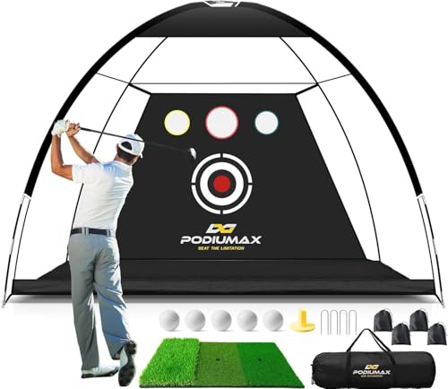 PodiuMax Red de golf, red de práctica de golf de 10 x 7 pies y alfombrilla, objetivo de reducción de ruido, 5 pelotas, 4 bolsas de arena, camiseta, bolsa de transporte, redes de golpeo para garaje