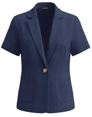 Kyzoeyou Short Sleeve Blazers Cotton Linen Womens Notch Lapel Jackets Front Lined Blazer Casual Button Pockets Office Elegant Workwear