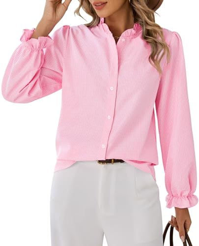 siliteelon Women's Plaid Button Down Shirts Long Sleeve Ruffle Collar Blouses Casual Cute Gingham Tops Pink Large
