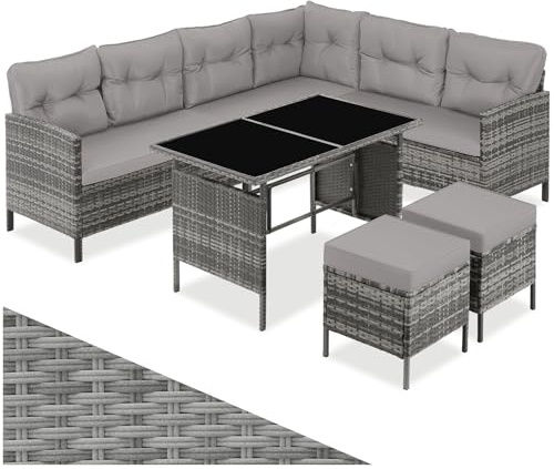 tectake® Ensemble Salon de Jardin Exterieur Modulable en Rotin, Canape Exterieur d’Angle, Table avec Plateaux en Verre et 2 Tabouret Pouf, Coussins Inclus, Salon de Jardin, Balcon, Terrasse