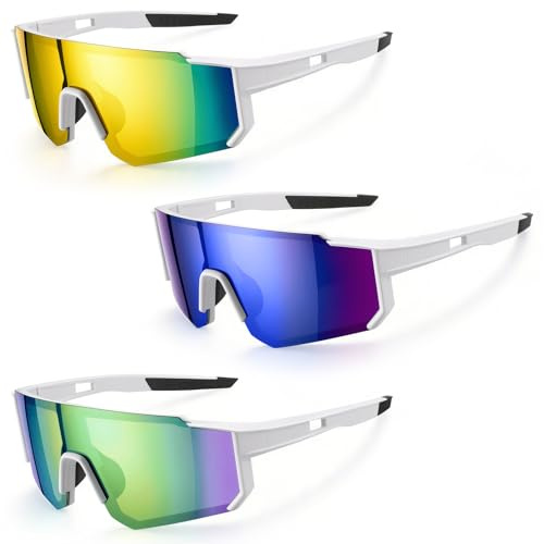 Hahorpa 3 Piezas Gafas Ciclismo Hombre y Mujer, Gafas Deportivas Protección UV400, Gafa Running Polarizadas, Gafa Anti Viento para Bicicleta, Running, MTB (3 Colores)