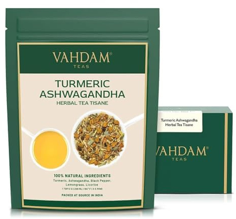 VAHDAM, Turmeric Ashwagandha Herbal Tea Loose Leaf 100g (50+ Cups) Caffeine Free | With Black Pepper, Lemongrass & Licorice | Whole Loose Leaf Tea | Vacuum Sealed Pack