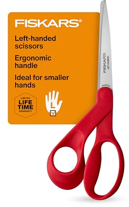 Fiskars® Petite Linkshänderschere - Basteln und Nähen Edelstahlschere für kleinere Hände - Ergonomischer Griff - Papier- und Stoffschere für Büro, Kunst und Handwerk - Rot