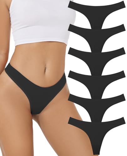 Sunm Boutique Cotton Thongs for Women, No Show Underwear for Women Pack, Sexy Low Rise Ladies Panties (6 Pack, Small, Black)