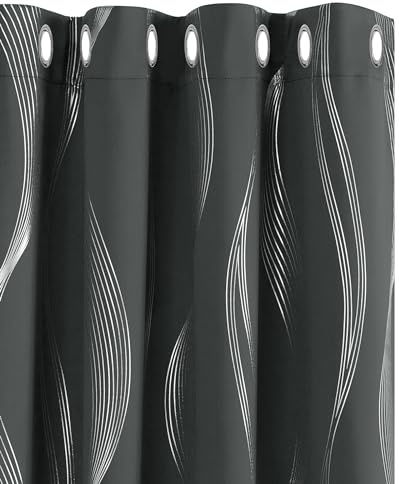 Deconovo Thermal Curtains Silver Wave Line Foil Printed Blackout Curtains Thermal Insulated Eyelet Curtains for Bedroom 52 x 54 Inch Dark Grey 2 Panels