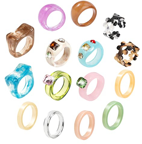 15 STÜCKE, Bunte Harzringe für Frauen, Mädchen, Multi Styles, Trendy Chunky Acrylringe, Niedliche Strasssteine, Ästhetische Ringe, Statement Kunststoffringe, Fingerknöchel, Y2K Ringe Schmuck