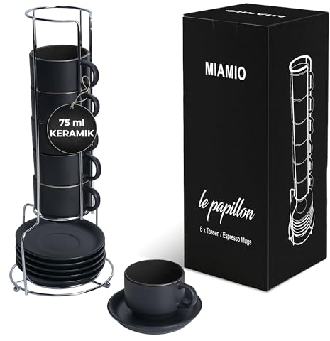 MIAMIO - 6 x 75 ml Ensemble tasses à expresso en grès tasse expresso en céramique tasse a cafe expresso - Le Papillon Collection (Noir)