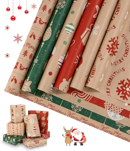 heuchaey Geschenkpapier Weihnachten 6 Rollen Set je 3M x 43cm Gift Wrapping Paper Recycelbares Weihnachtspapier Kraftpapier in 6 Verschiedene Muster für Kinder Geburtstag,Weihnachten,Valentinstag
