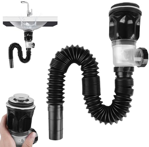 TOATELU Kit de tuyau de vidange pour lavabo - Siphon anti-odeurs - 100 % étanche - Tuyau de vidange flexible extensible de 300 à 955 mm