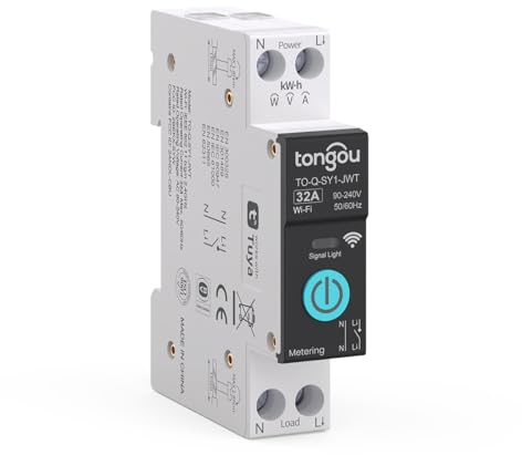 TONGOU DIY 1P+N Hutschiene WiFi Smart Schalter|32A WLAN Intelligenter Relais Schalter|iOS Android App|TUYA/Smart Life App Fernbedienung|für Smart Home|Mit Metering|Sprachsteuerung und Zeitmessung