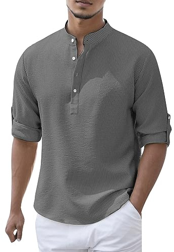 Chemise Col Mao Homme Grande Taille, Blouse Homme Manches Longues,Tee Shirt 'été Couleur Pure Top Col V de Plage Hauts avec Boutonnée Décontracté Ample Légère Comfort Base Tunqiue