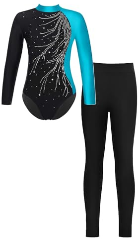 Miaeowve Gymnastik Anzug Kinder Mädchen Mit Hose Langarm Trainingsanzug Strass Glitzer Turnanzug Ballettanzug Stehkragen Body Trikot Tanz Outfit Training Grün&Schwarz 122-128